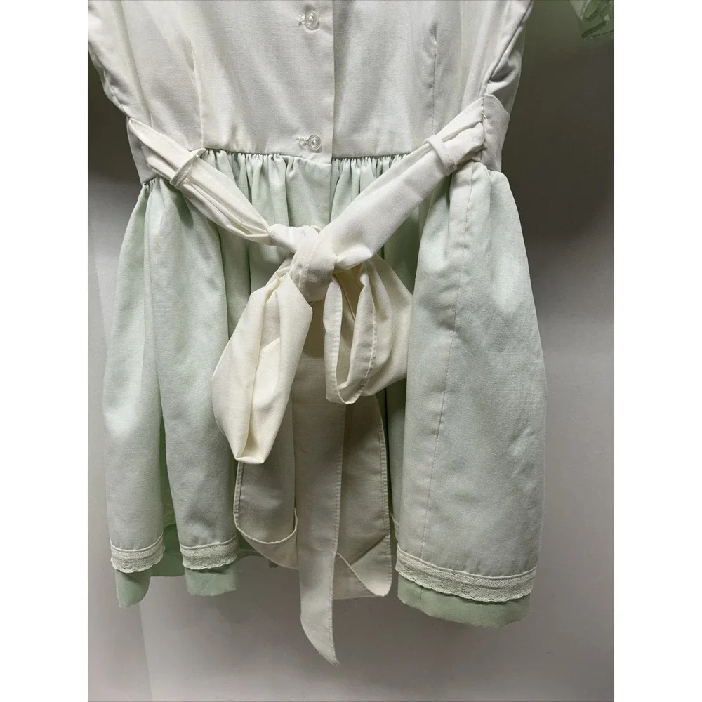 Vintage Little Girls Dress Lace Trimmed‎ Green & White Puff Sleeve Cari Classic